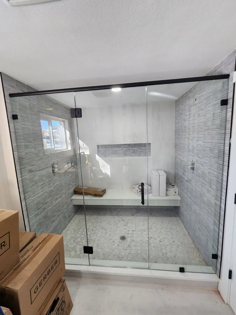 Wide walk-in shower with bench